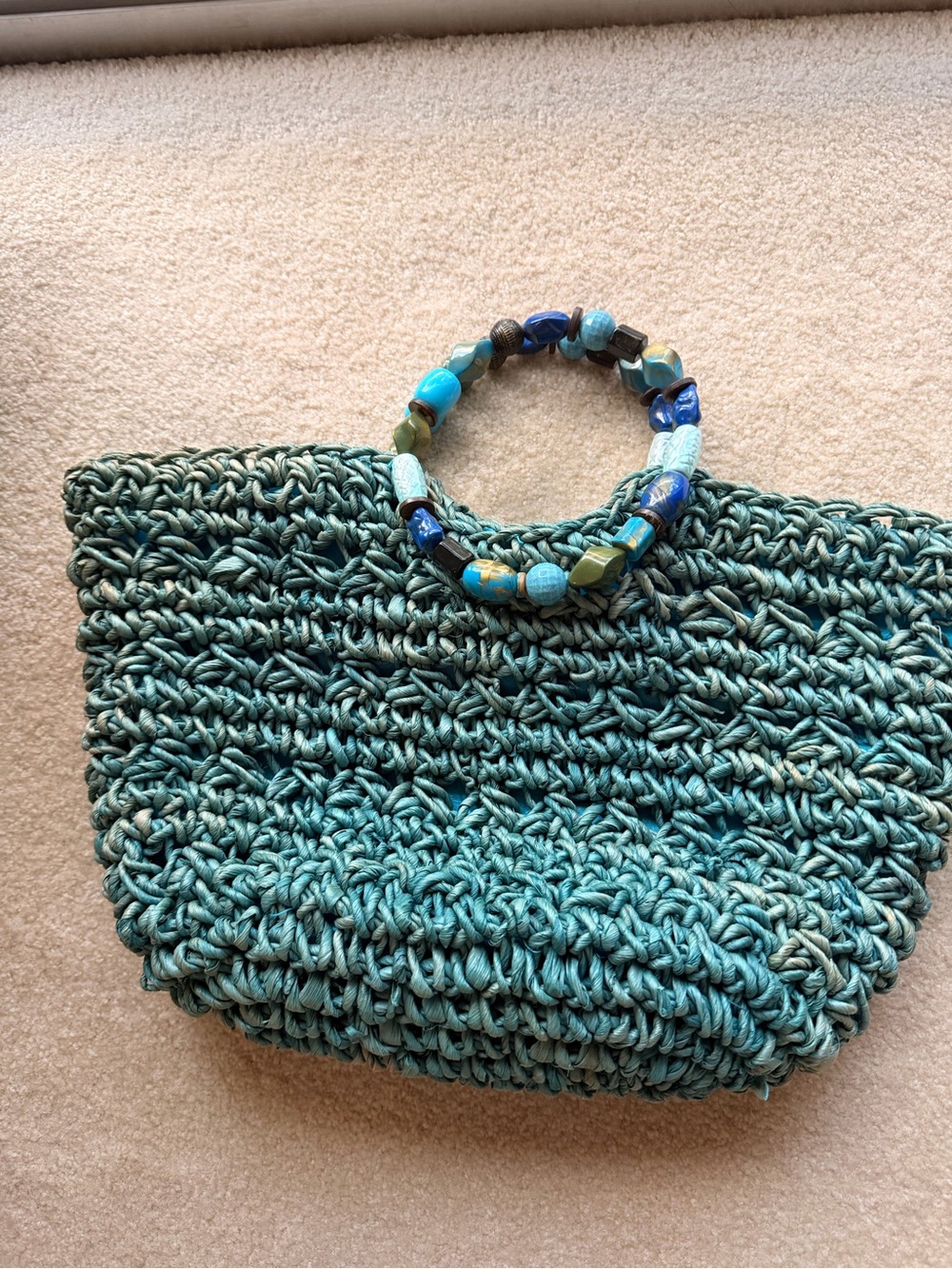 Handwoven Teal Crochet Tote Bag with Beaded Handles
